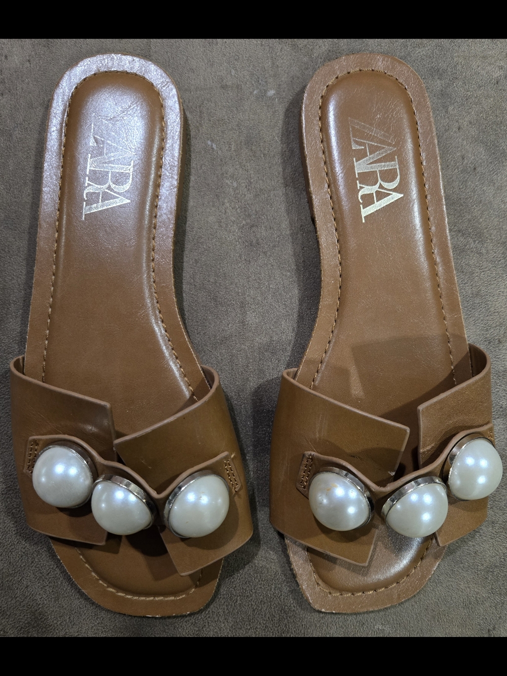 ZARA Brown Pearl-Embellished Slide Sandals